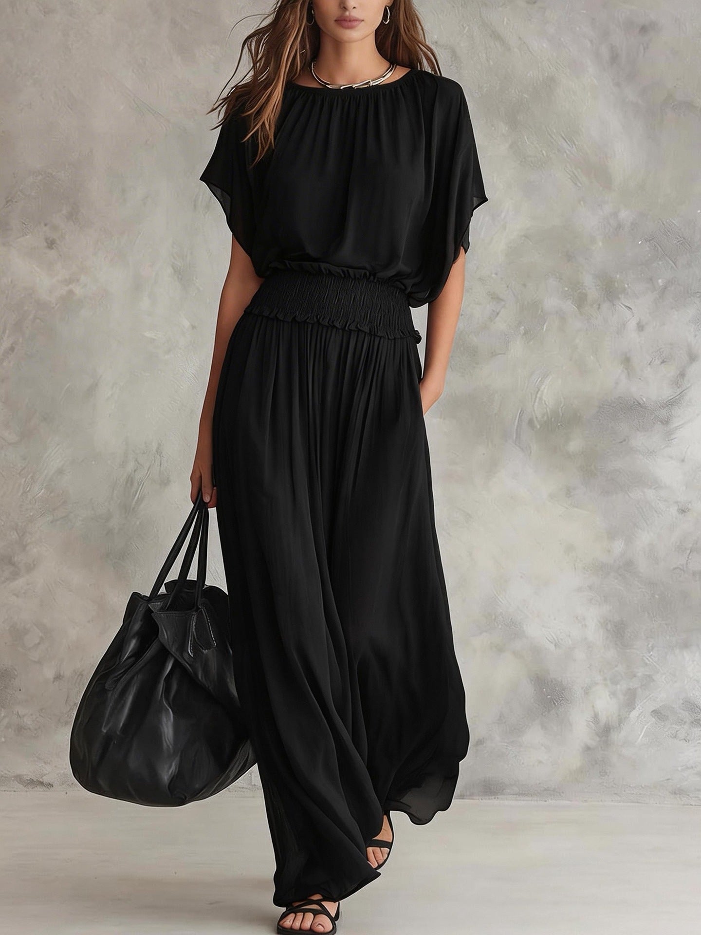 Women's Chiffon High-Waist Ruched Maxi Dress