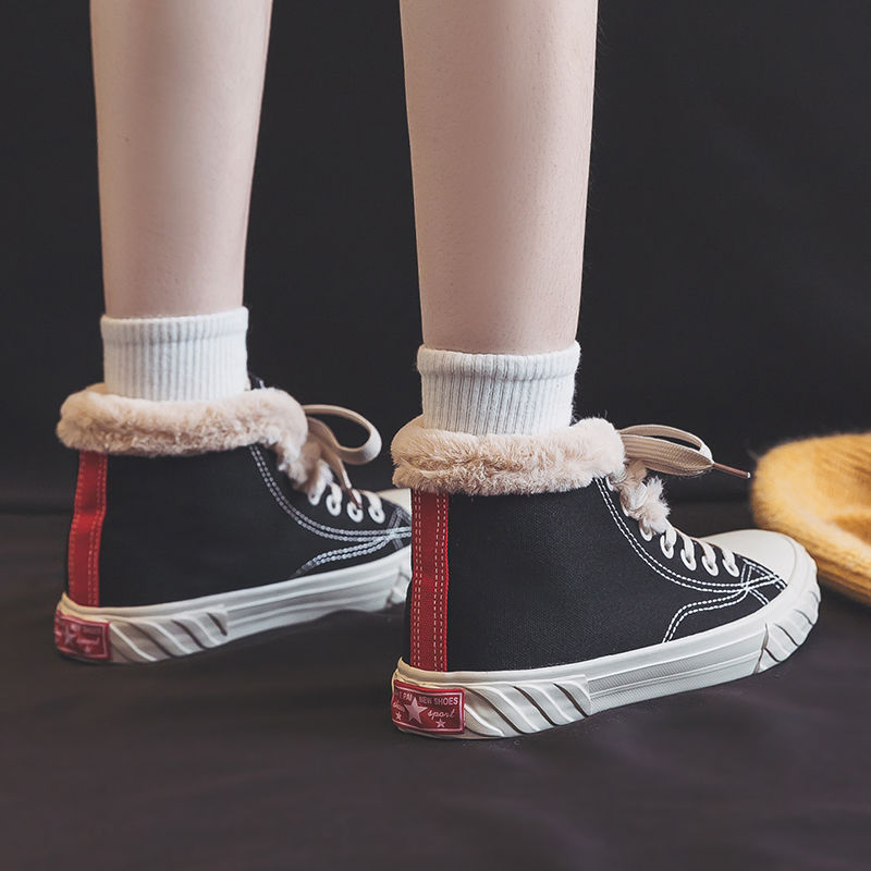 Women’s Warm Black Winter Thick Flat High-Top Velvet Canvas Shoes