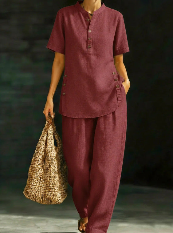 Three-Quarter Sleeve Shirt & Wide-Leg Pants Two-Piece Set – Solid Color Casual