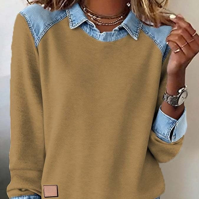 Denim Collar Patchwork Pullover Knitwear Top – Women’s Street Style