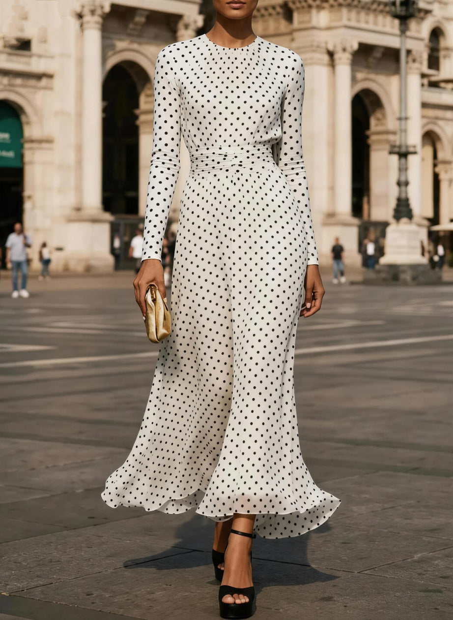 Round Neck Long Sleeve Polka Dot Sheath Dress