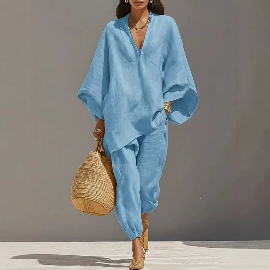 Women's Loose Shirt & Cropped Pants Two-Piece Set – Casual Vintage Co-Ord