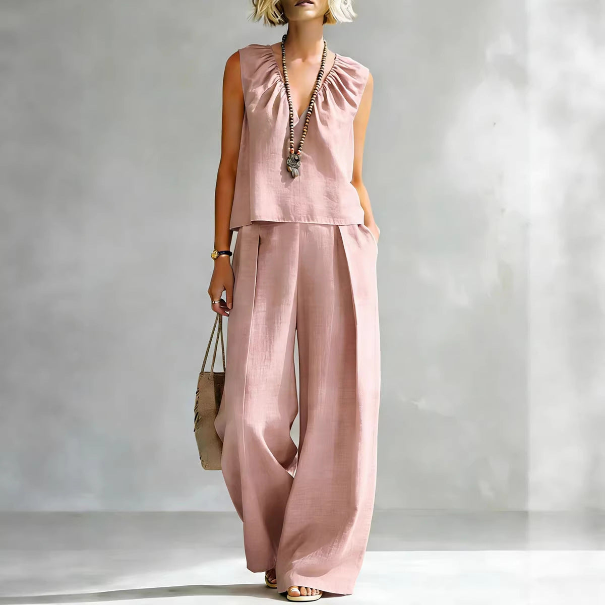 Women's Sleeveless Cotton-Linen Shirt & Pants Set – Urban 2-Piece