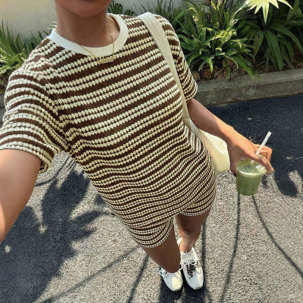 Women's Crew-Neck Spliced Short-Sleeve T-Shirt & Shorts Set