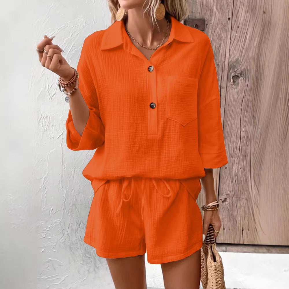 Women's Lapel Collar Double-Panel Shirt & Shorts Two-Piece Set