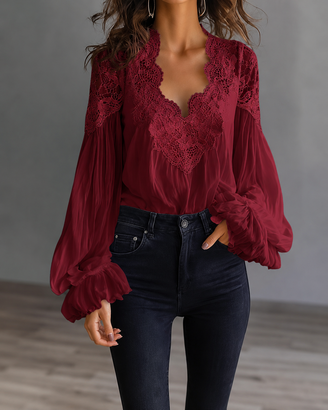 Lace-Panel Puff Sleeve Pleated Ruffle Shirt | Ballet Style
