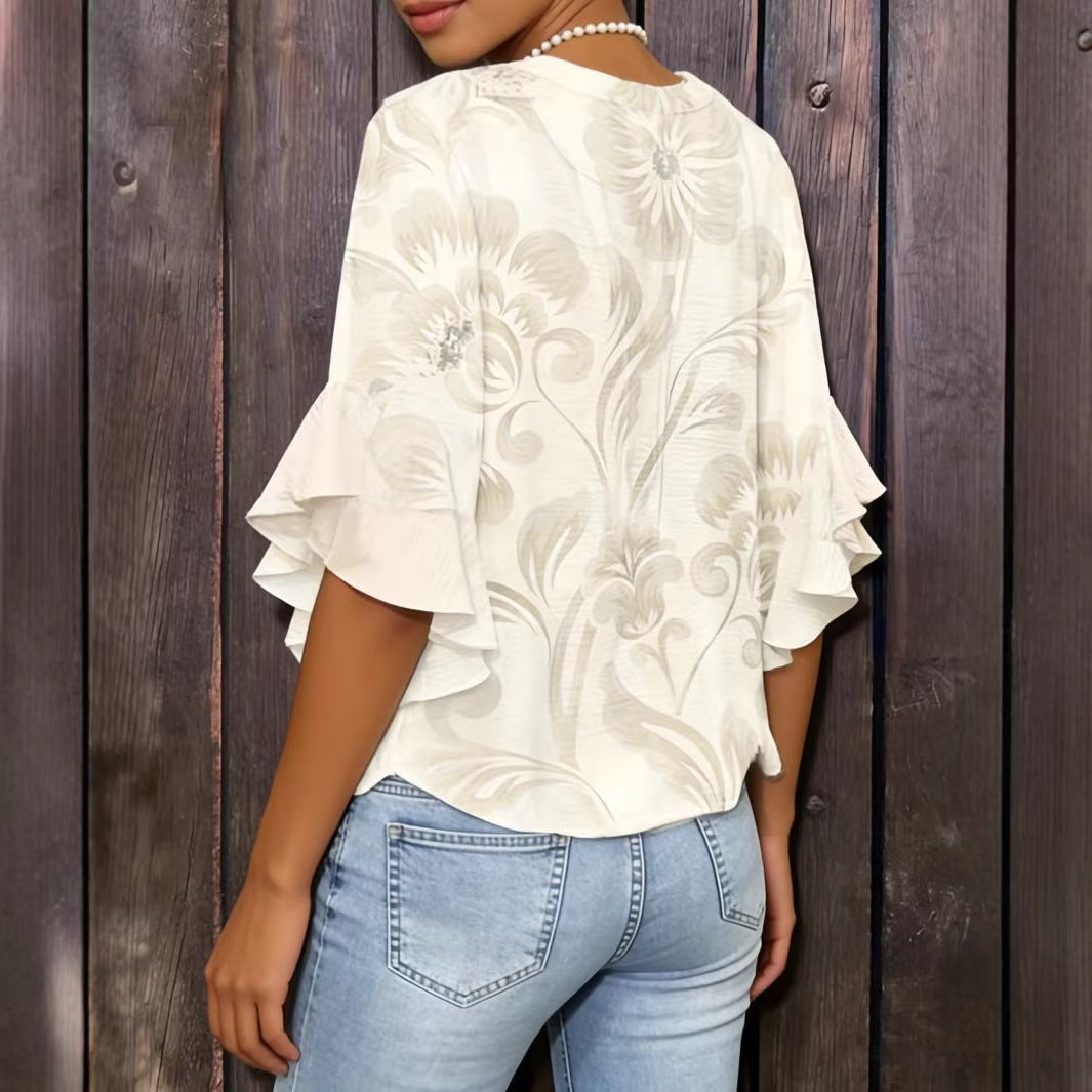 Women's 3D Print Ruffle Sleeve Loose Top – Elegant Urban Style S–2XL