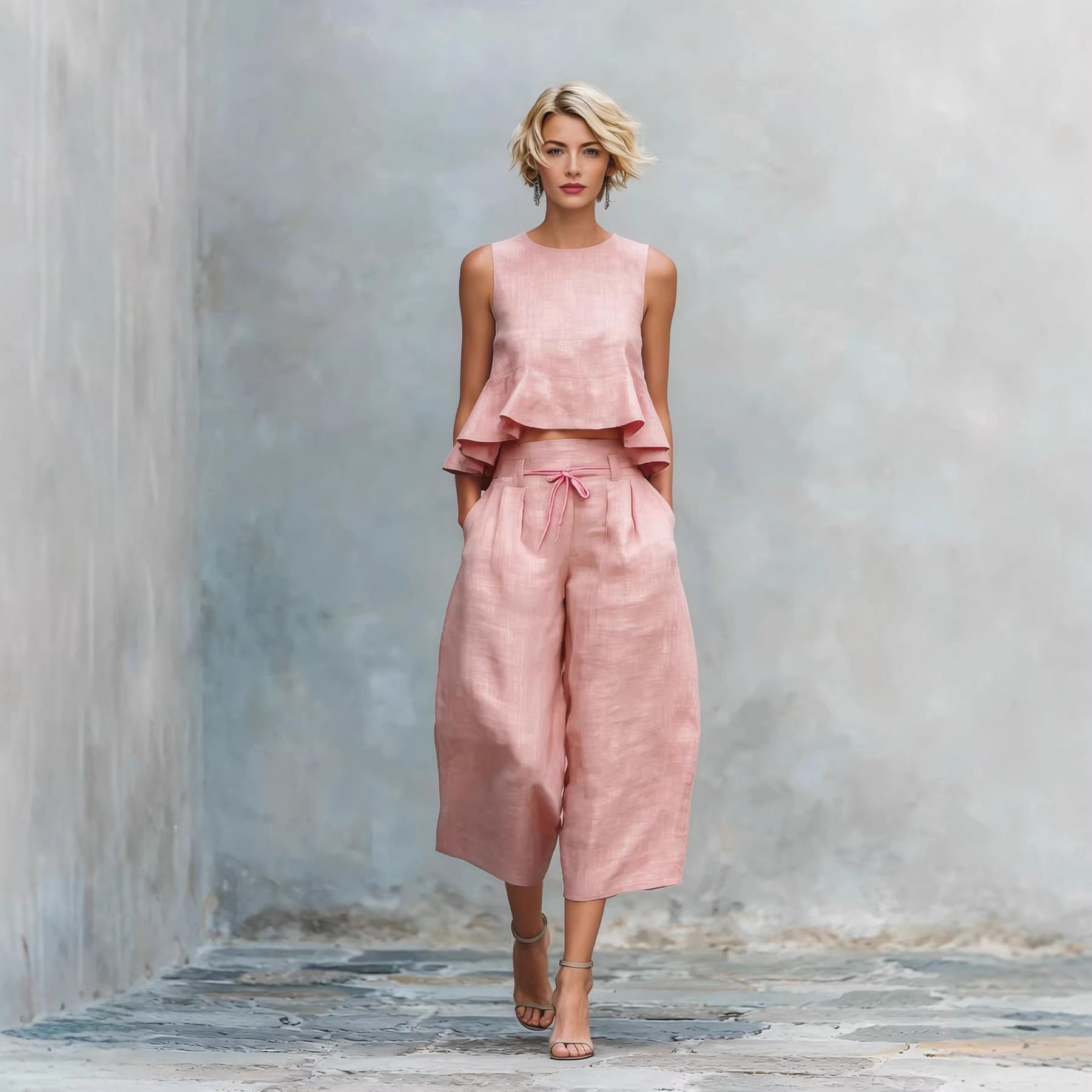 Women's Linen-Blend Sleeveless Two Piece Set with Ruffled Detailing
