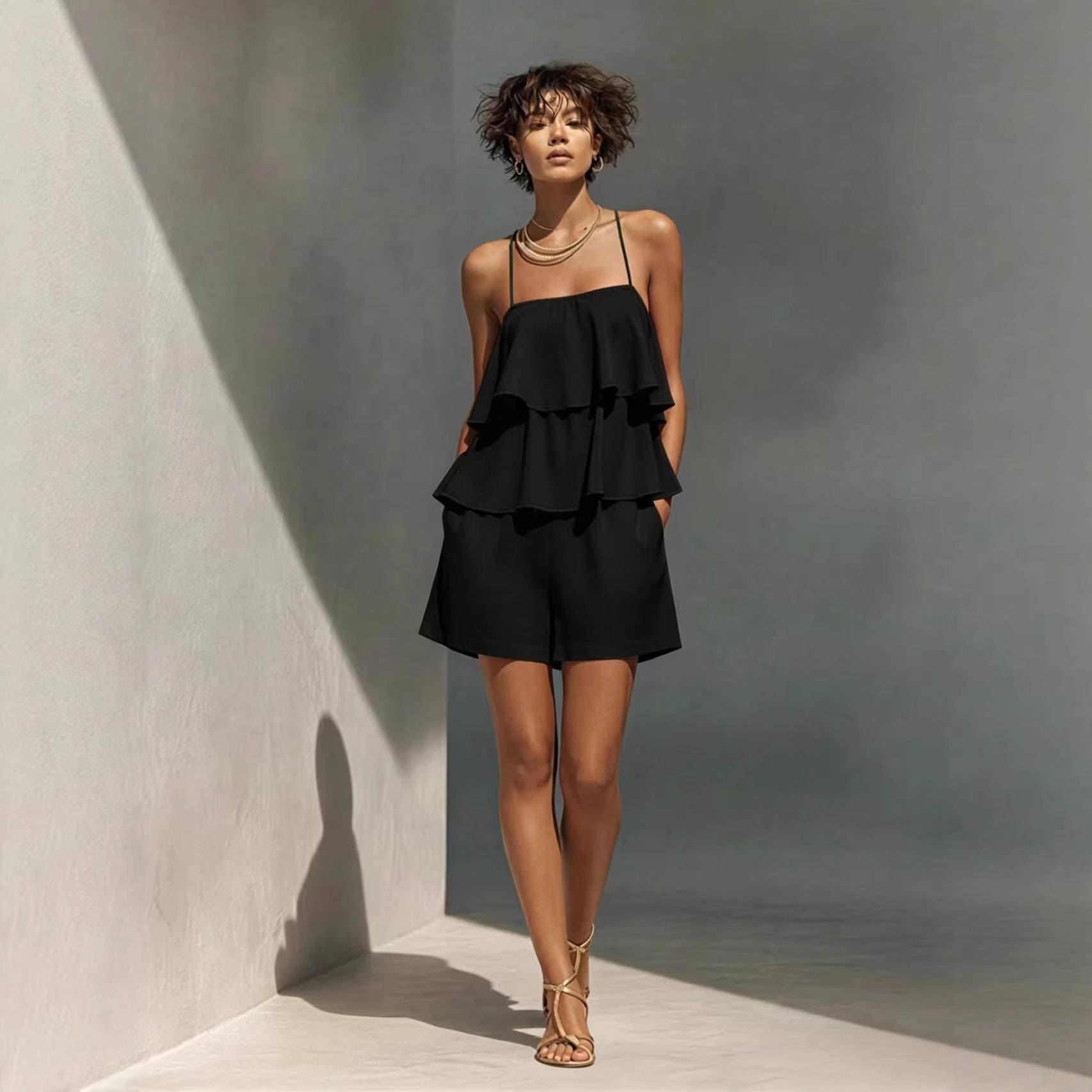 Women's Multi-Layer Ruffle Camisole & Shorts Set