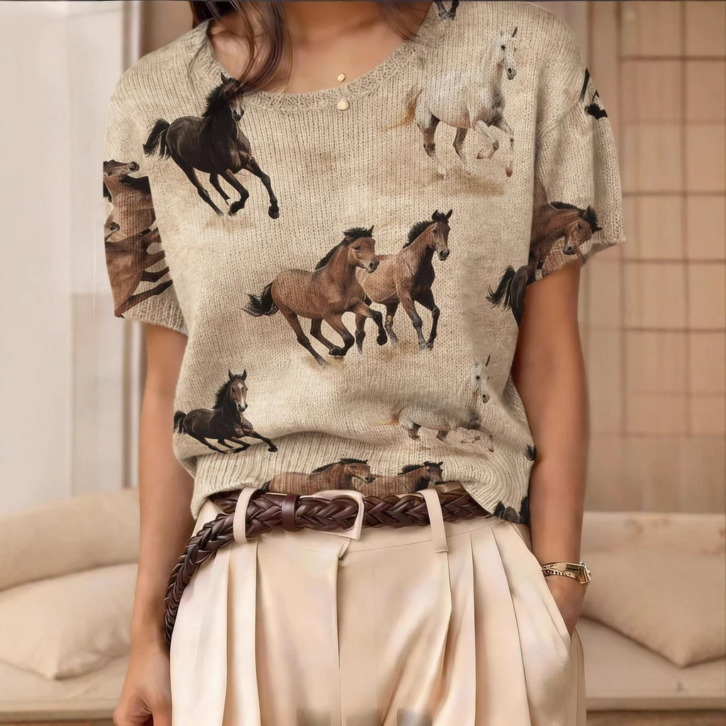 Women's Retro Short-Sleeve Jacquard Knit Top