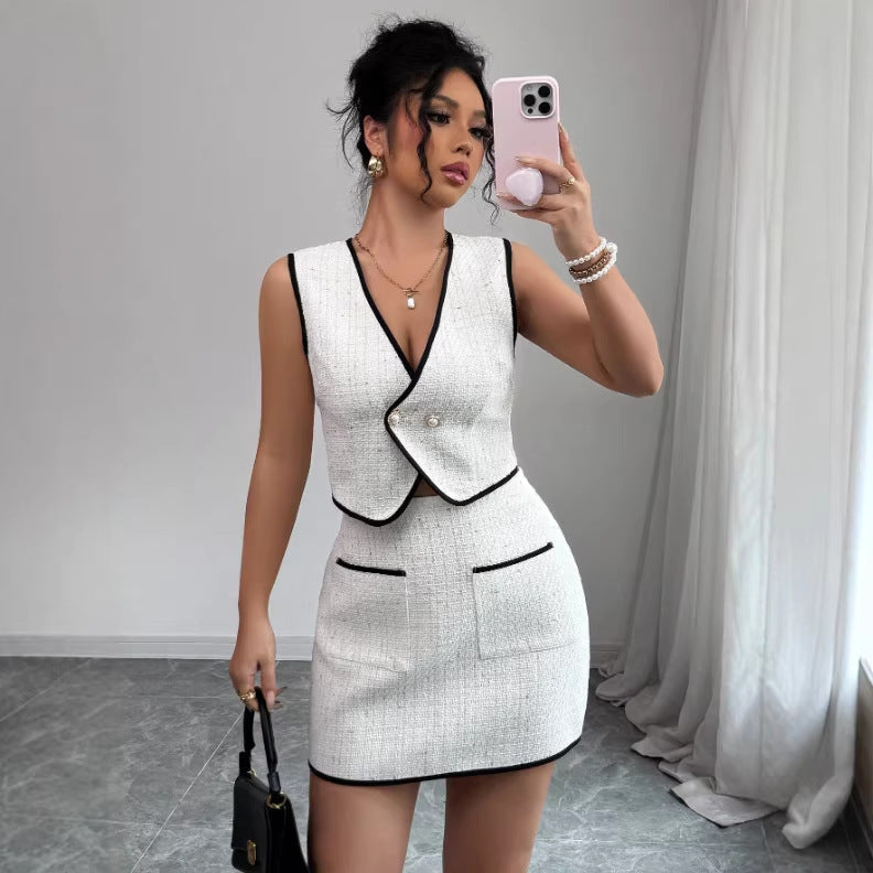 Sleeveless Irregular Top & Color-Block Pocket A-Line Skirt Set
