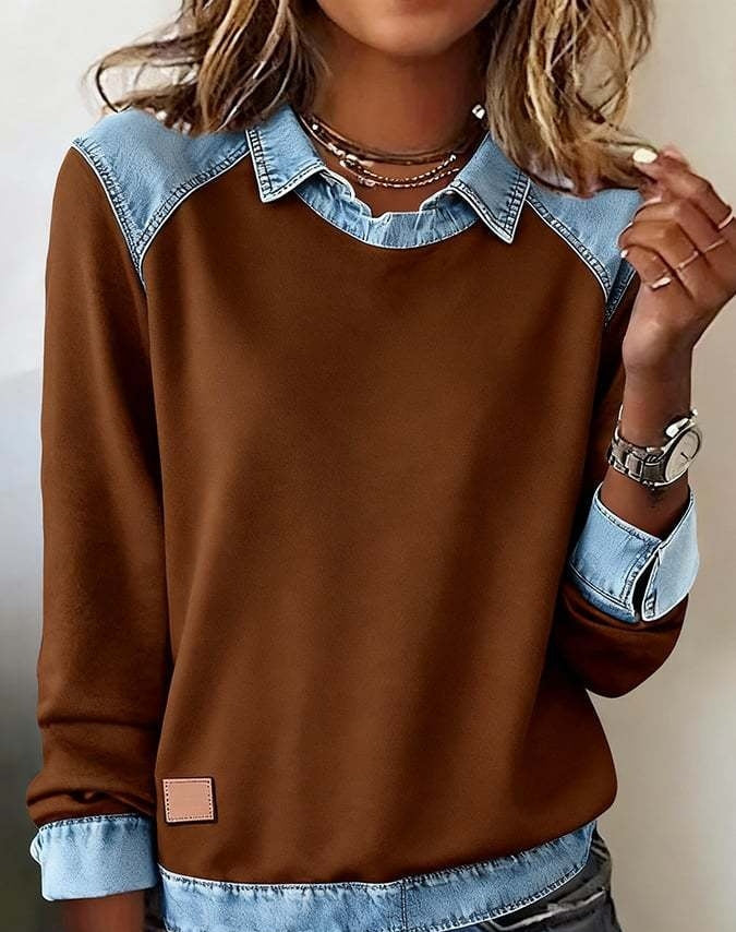 Denim Collar Patchwork Pullover Knitwear Top – Women’s Street Style