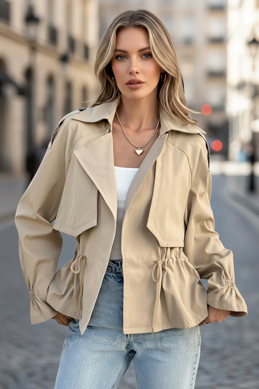 Women's Drawstring Waist Figure-Flattering Casual Coat – Khaki