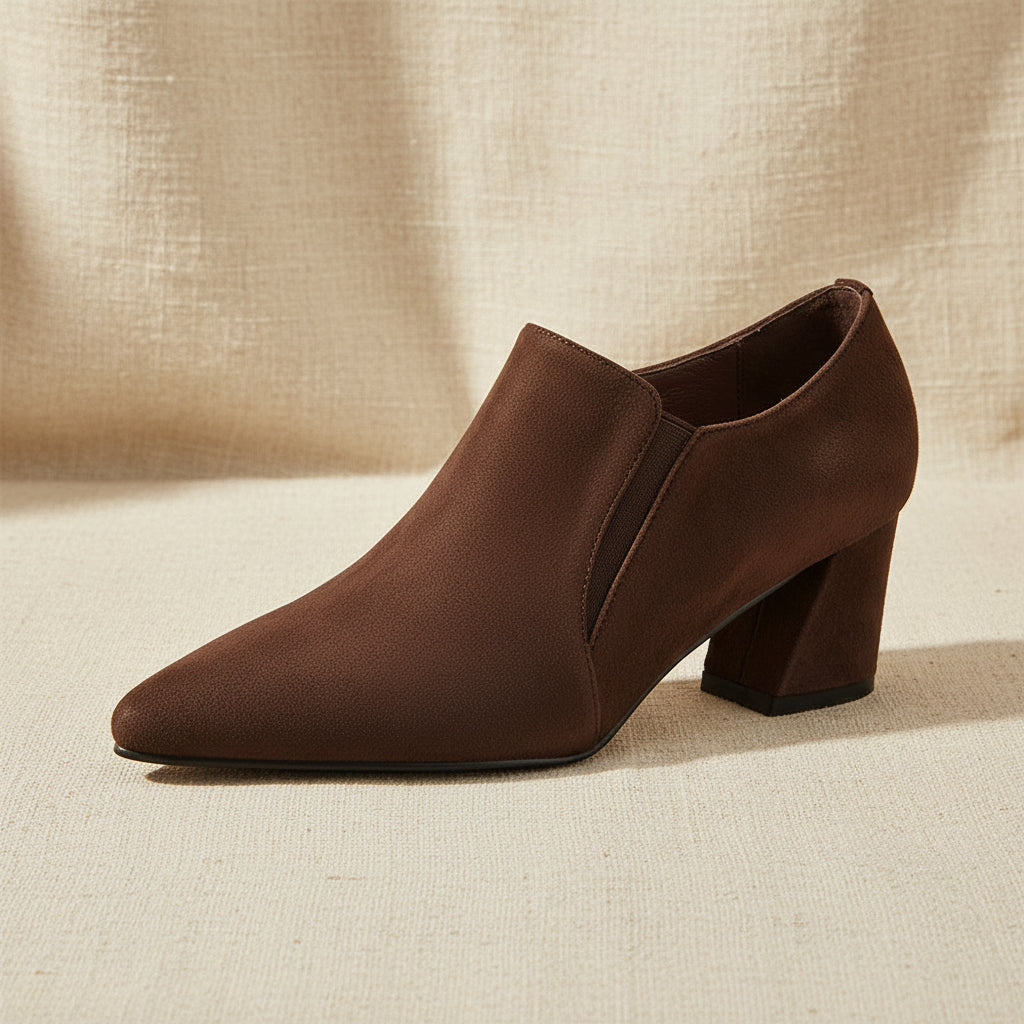 Women's Suede Pointed Toe Chunky Heel Pumps – Deep Vamp Low Heel