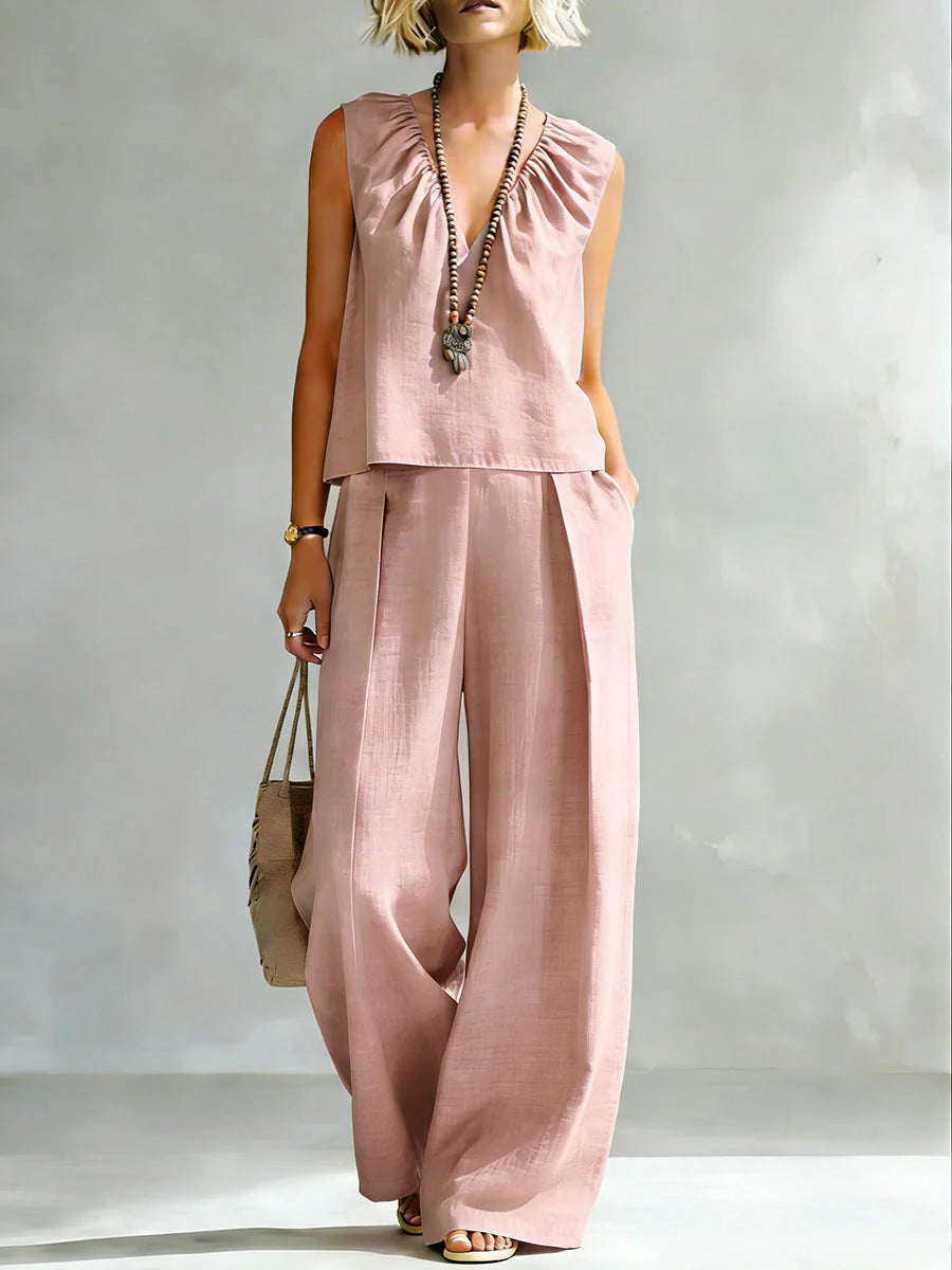 Women's Sleeveless Cotton-Linen Shirt & Pants Set – Urban 2-Piece