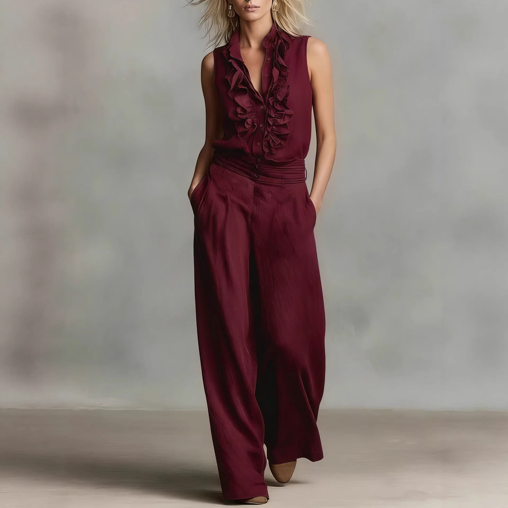 Women’s Linen Blend Two-Piece Set – Sleeveless Shirt & Wide-Leg Pants