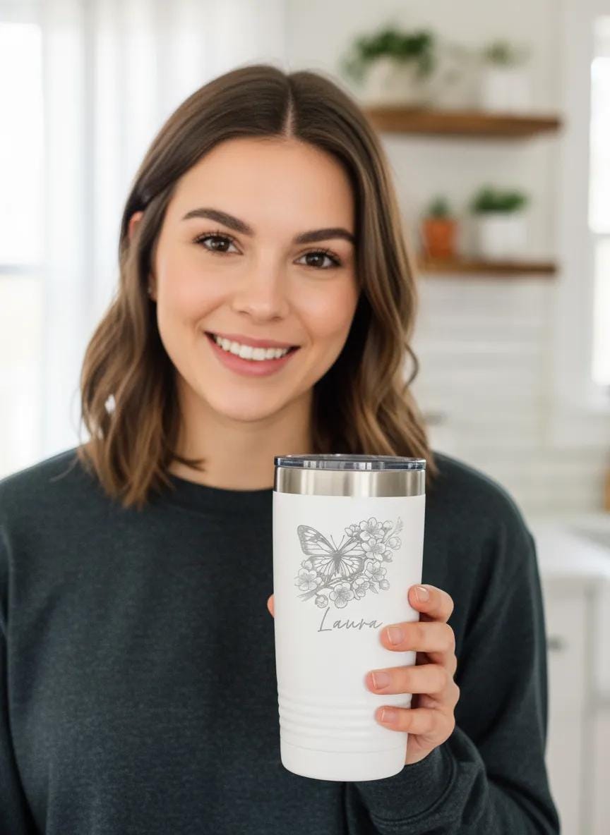 Personalized Butterfly Tumbler - Custom Insulated 20 oz Stainless Steel Mug