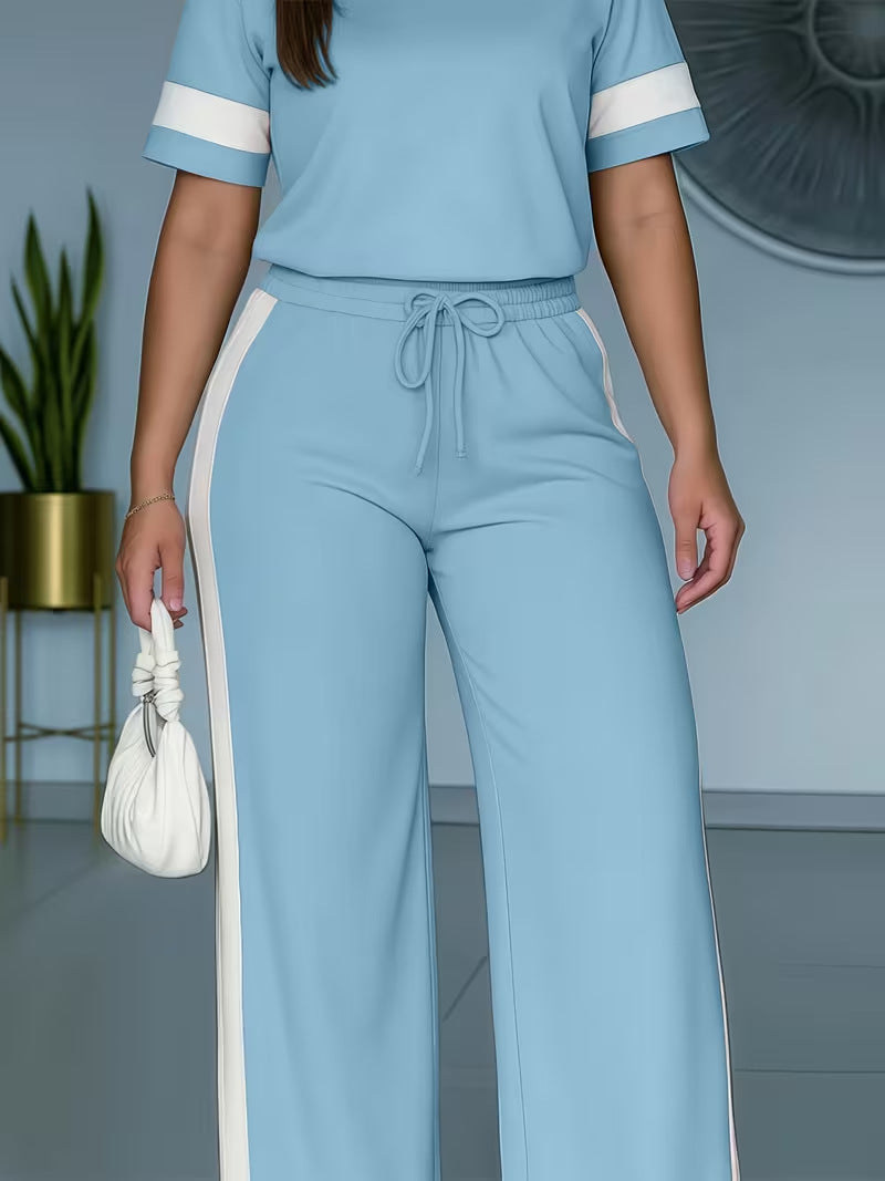 Women's Color-Block Contrast 2-Piece Outfit – Top & Pants Set
