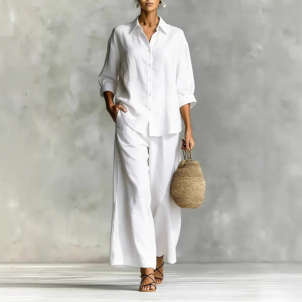 Cotton-Linen Shirt & Wide-Leg Pants Suit – 6 Colors, S–5XL