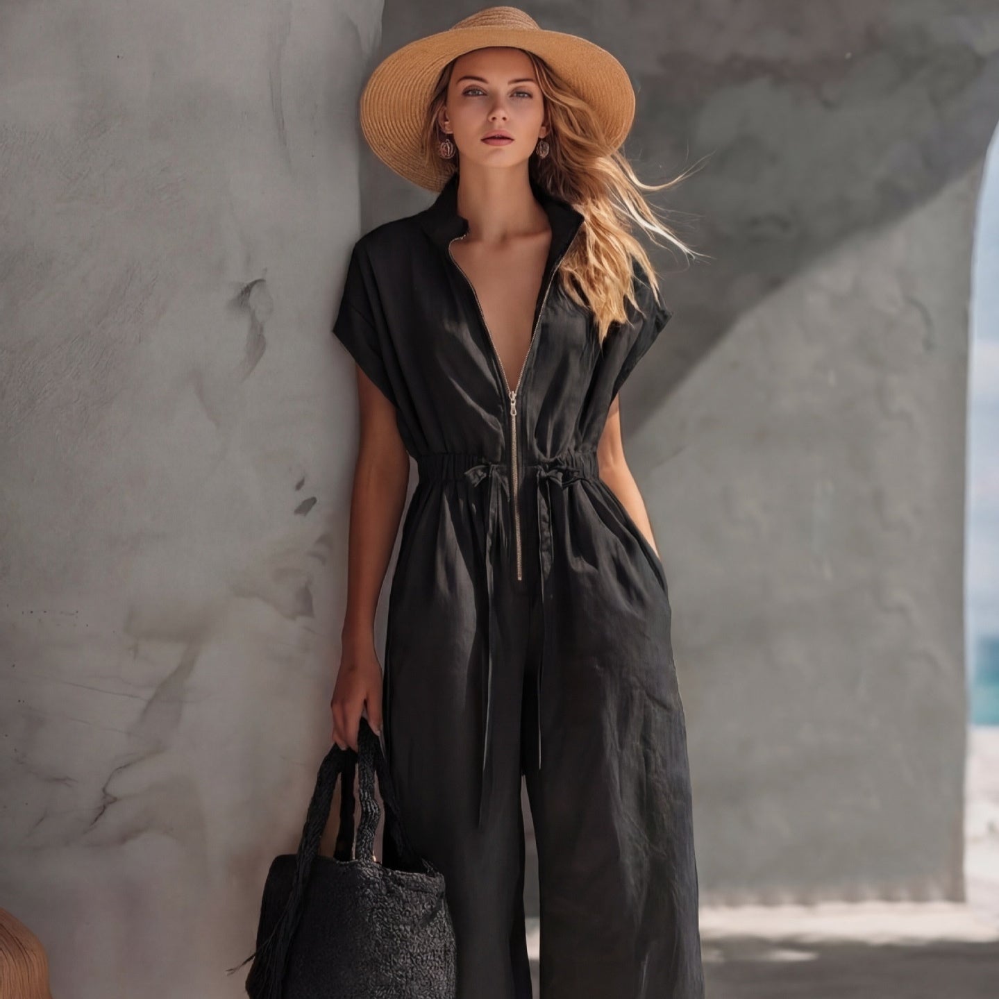 Retro Resort V-Neck Jumpsuit – Drop Shoulder, Loose Fit