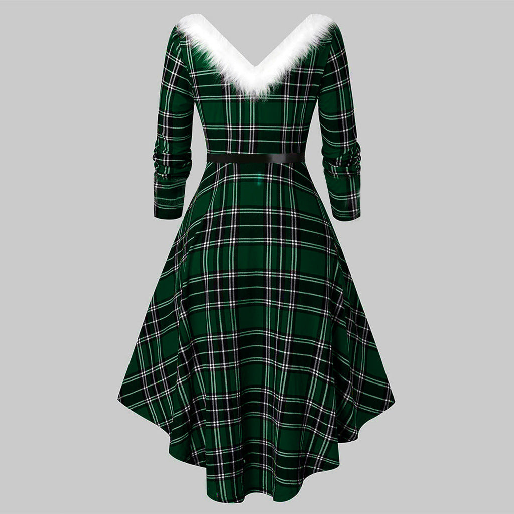 Christmas Women’s Fur Patchwork V-Neck Long-Sleeved Dress