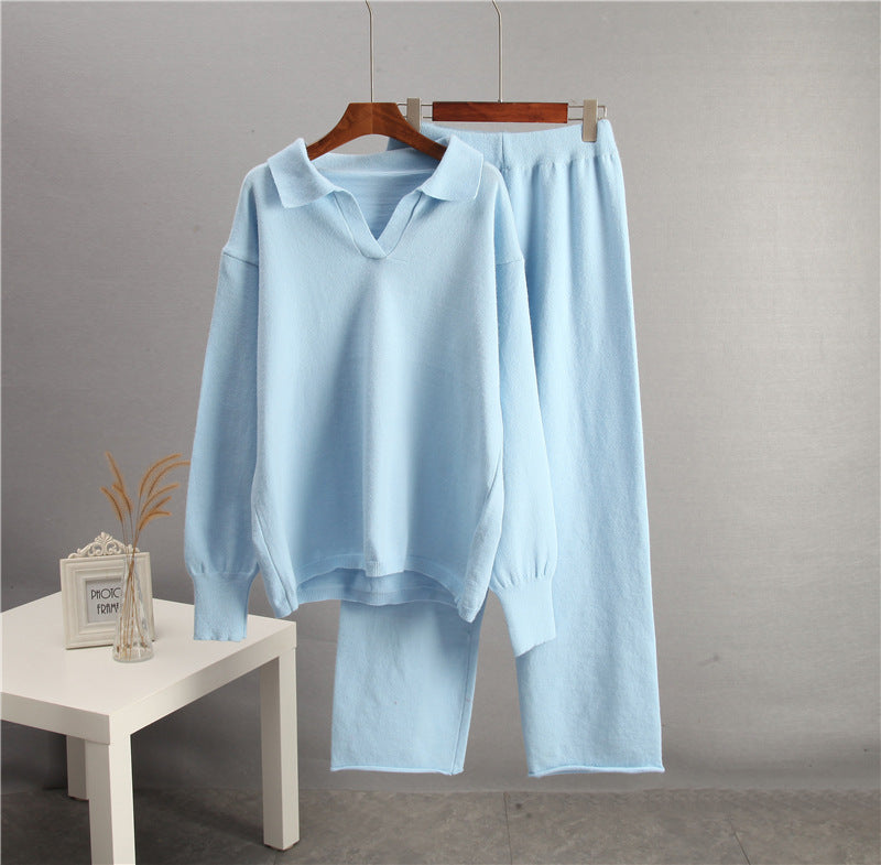 Solid Color Lapel Sweater Set for Women