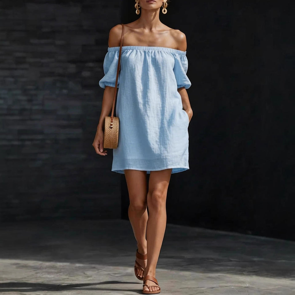Women's Cotton-Linen Off-Shoulder Puff-Sleeve Loose Mini Dress