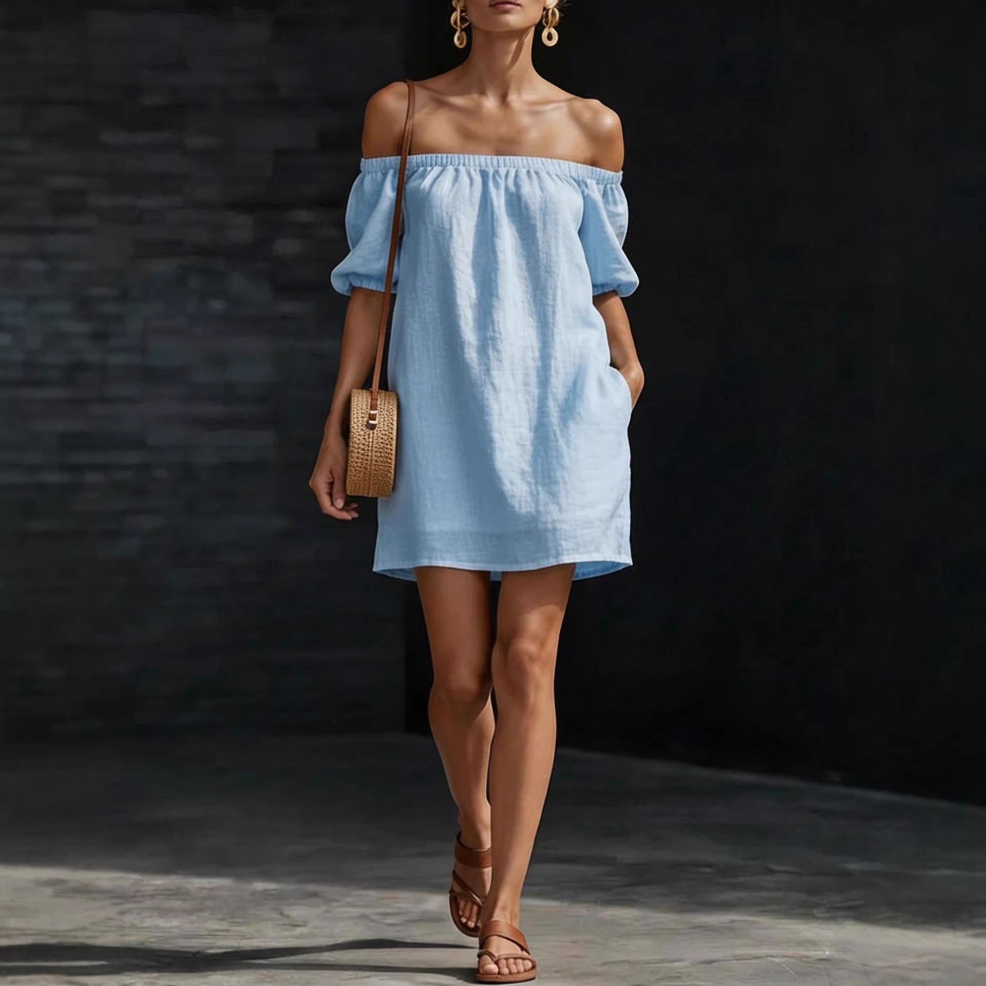 Women's Cotton-Linen Off-Shoulder Puff-Sleeve Loose Mini Dress
