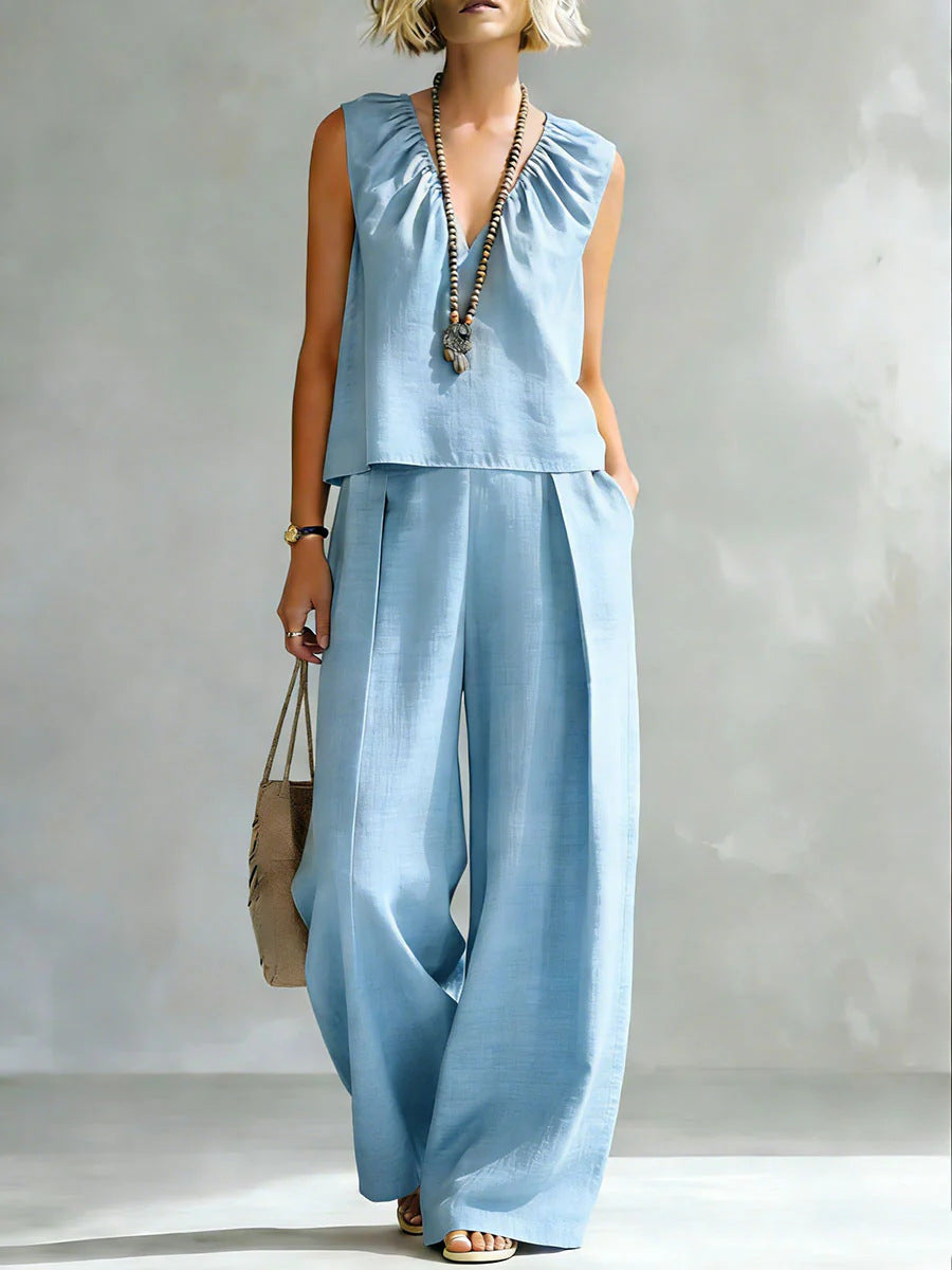 Women's Sleeveless Cotton-Linen Shirt & Pants Set – Urban 2-Piece