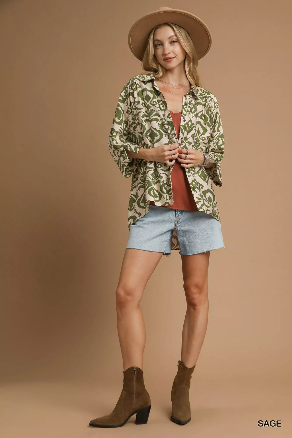 Umgee Abstract Print Button-Up Oversized Shirt
