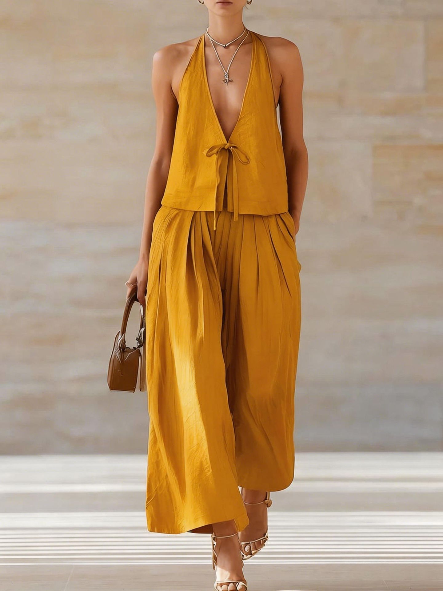 Women's Sleeveless Vest & Wide-Leg Pants Set – 2-Piece Lace-Up Outfit