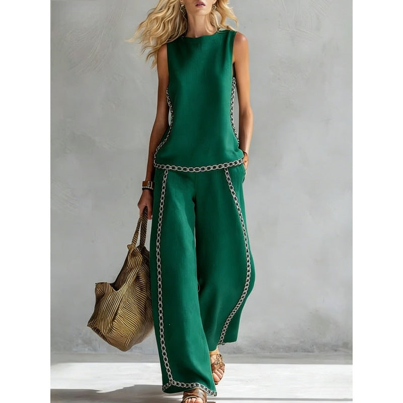 Printed Retro Sleeveless Top & Wide-Leg Pants Set | 12 Prints S–5XL