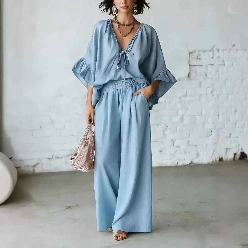 Women's Loose-Fit V-Neck Top & Wide-Leg Pants Two-Piece Set