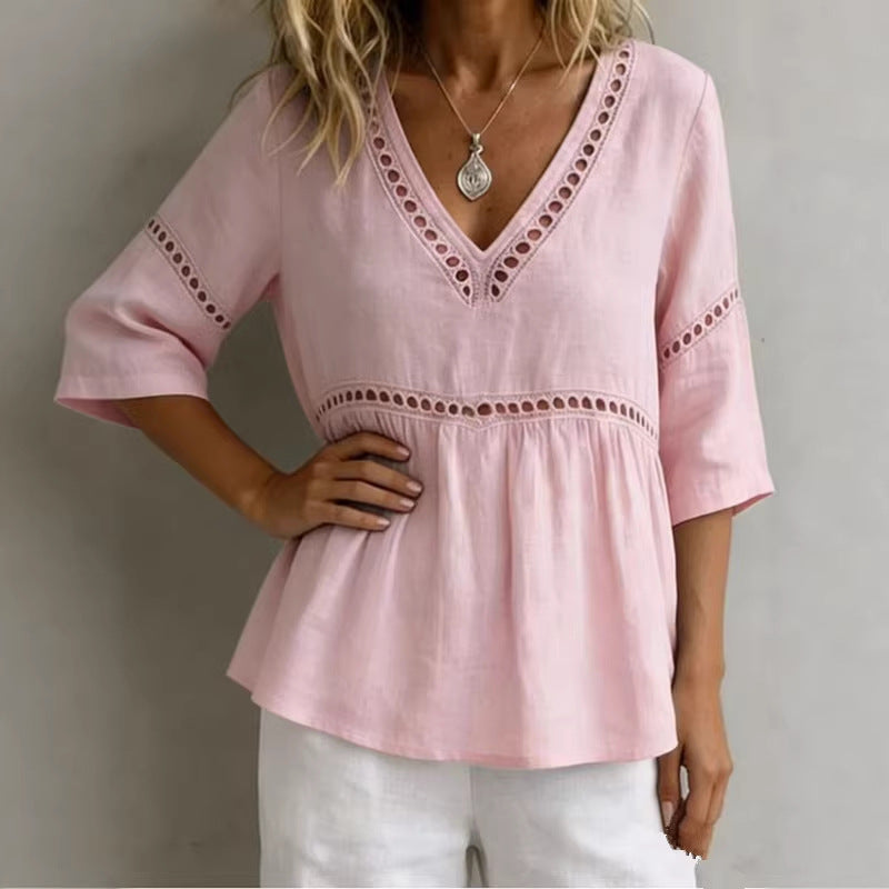 Women's V-Neck Hollow-Out Fringe Cotton-Linen Top