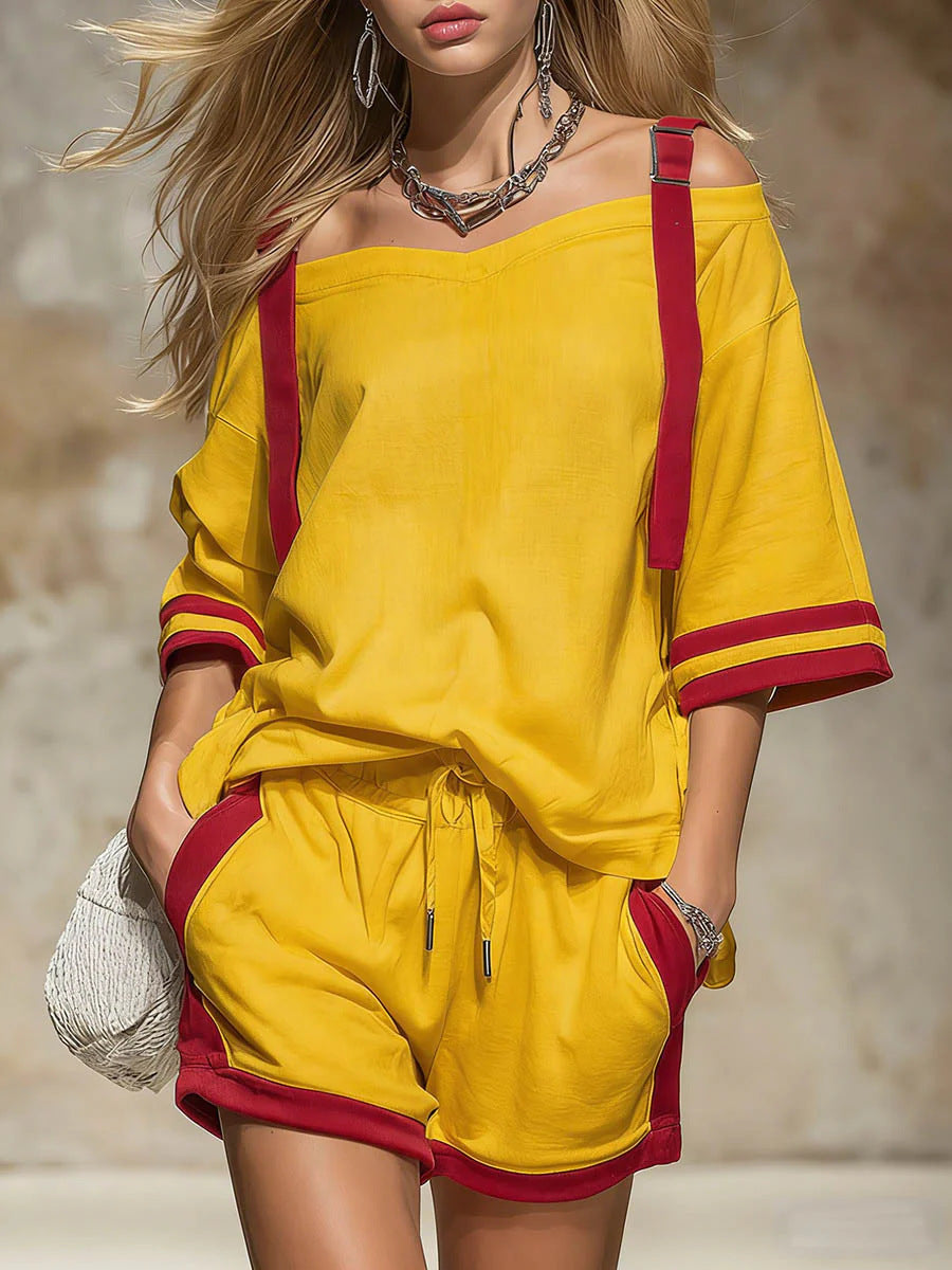 Women's Summer Contrast Color-Block Patchwork Shorts Set – 2-Piece