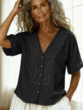 Women's Loose-Fit Faux Linen Embroidered Button-Up Top