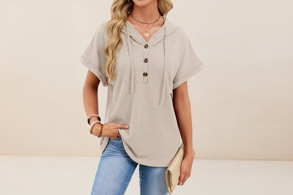 Women's Waffle Knit Hooded Short-Sleeve Top – Drawstring Button Pullover