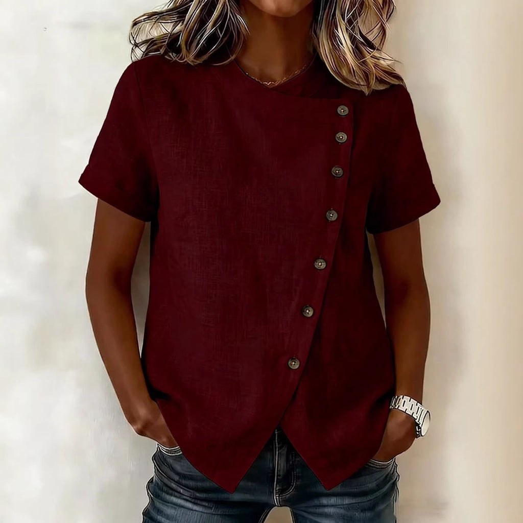 Women's Cross-Neckline Asymmetrical Hem Cotton Linen Top – Loose Fit