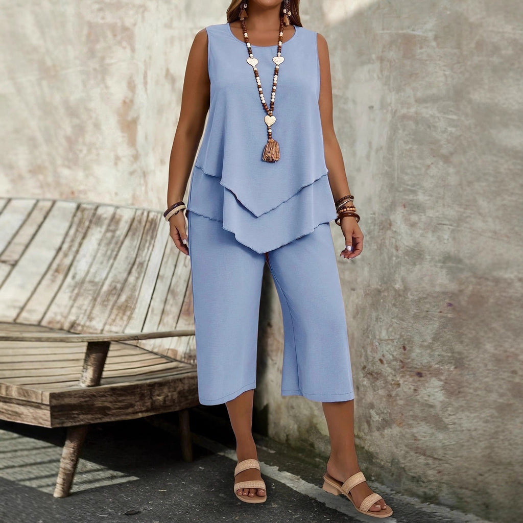 Casual Solid-Colored Sleeveless Top And Cropped Pants Two-Piece Set