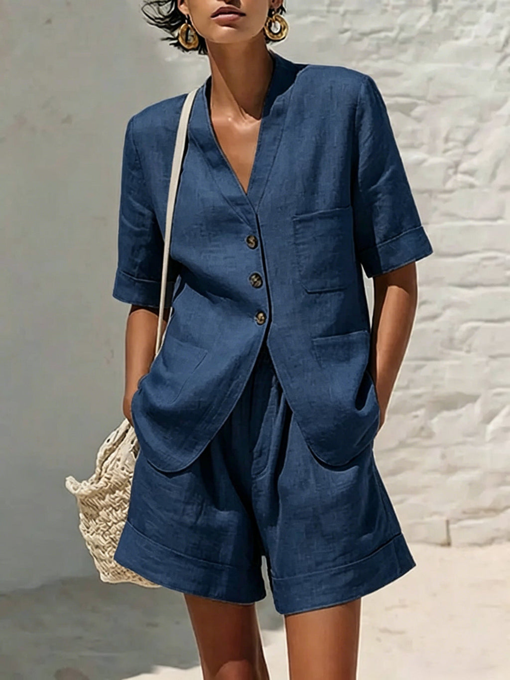 Women's Cotton-Linen Loose-Fit T-Shirt & Cropped Shorts Two-Piece Set