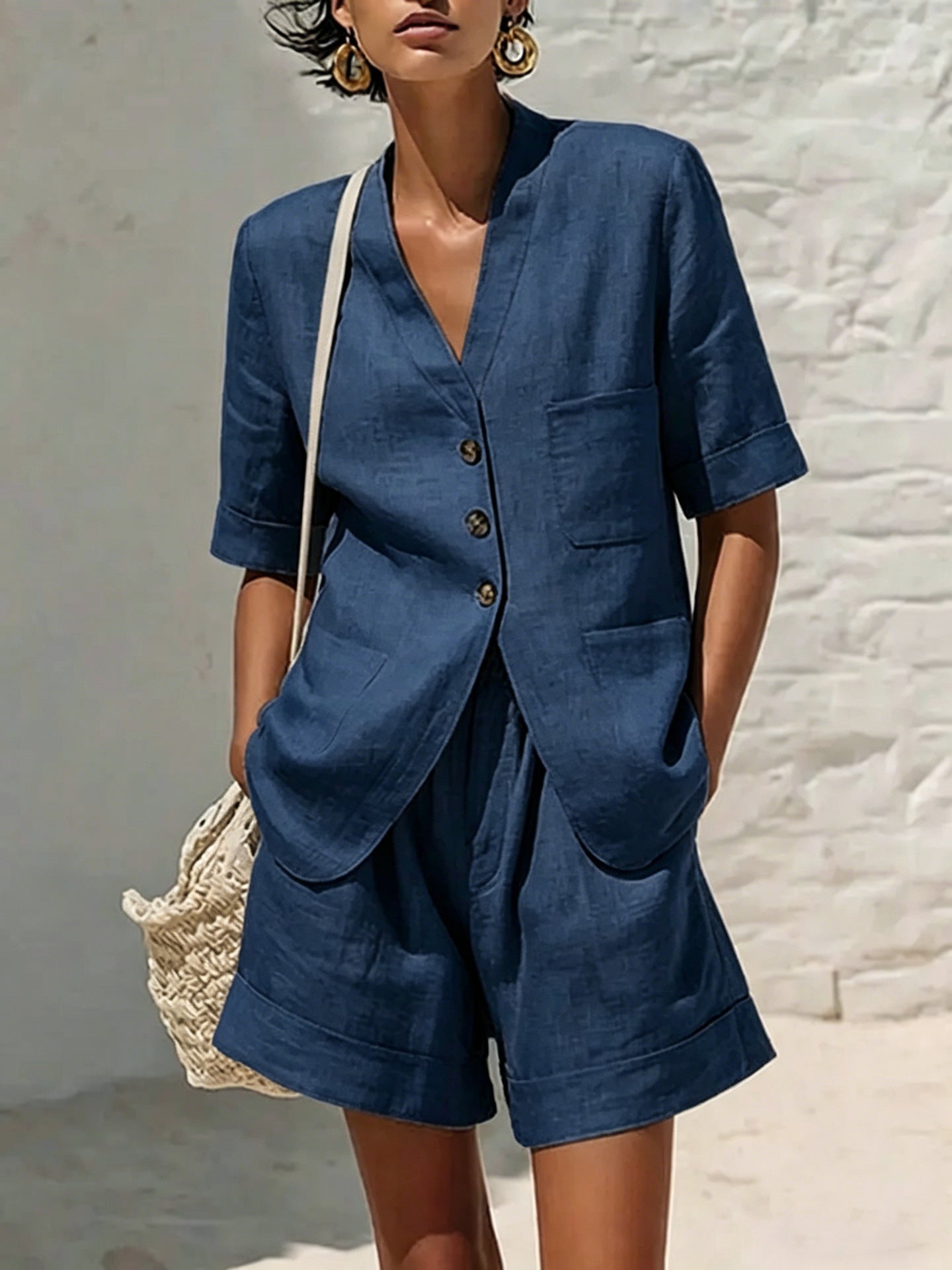 Women's Cotton-Linen Loose-Fit T-Shirt & Cropped Shorts Two-Piece Set