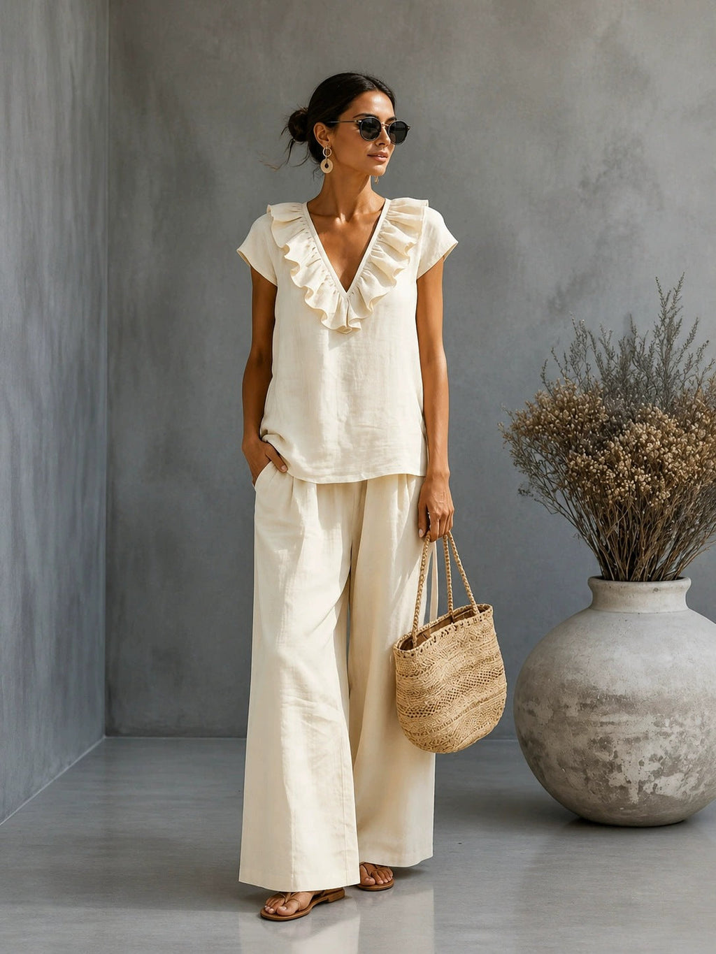 Women's V-Neck Ruffled Hem Top & Wide-Leg Pants Two-Piece Set