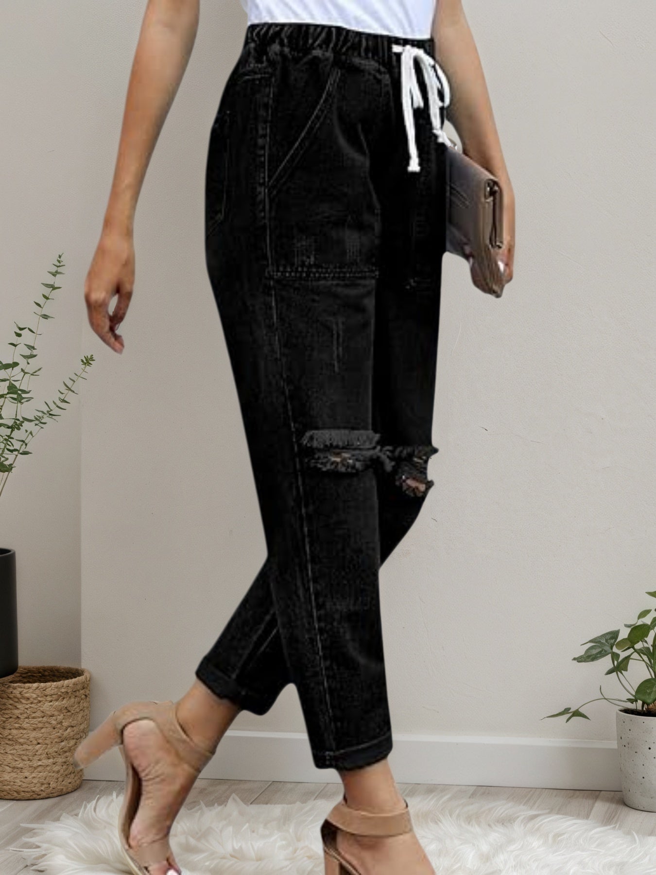 Women’s Distressed Stretch Jeans – Casual Elastic Waist Denim Joggers