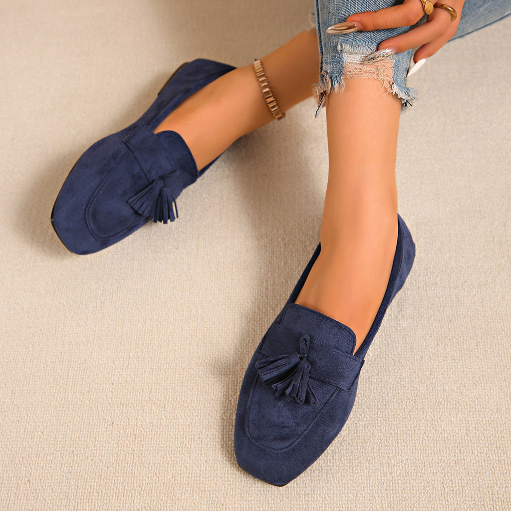 Women's Square Toe Tassel Slip-On Loafers | Suede Flat Casual Shoes