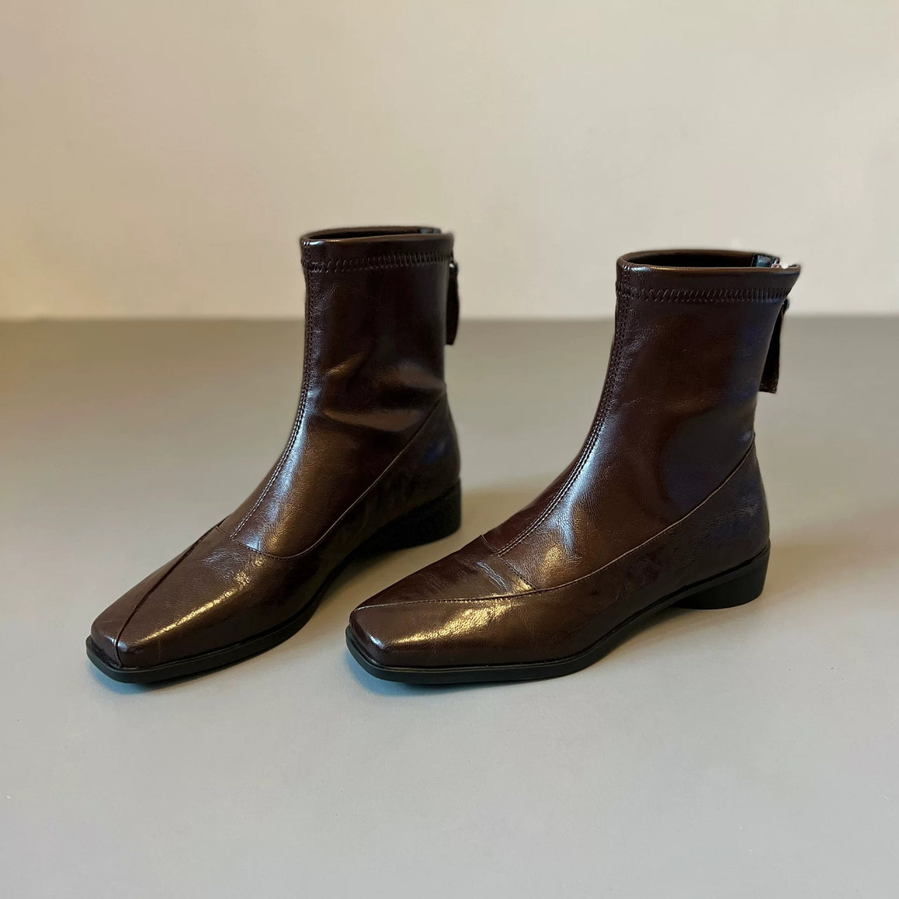Women's French Retro Genuine Leather Square Toe Block Heel Ankle Boots