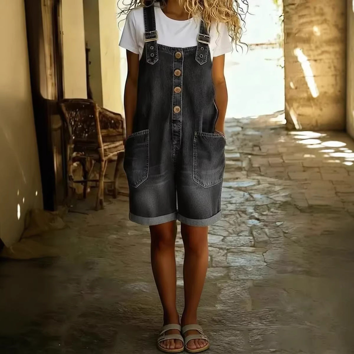 Women’s High-Waisted Sleeveless Denim Shorts Jumpsuit