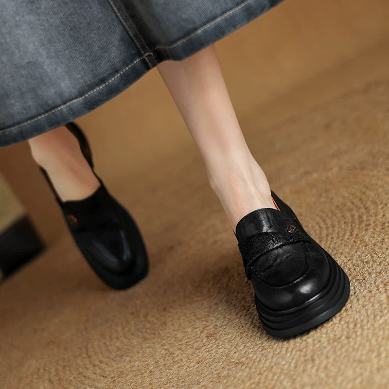 Women’s Vintage Chunky Heel Leather Shoes – Retro Style