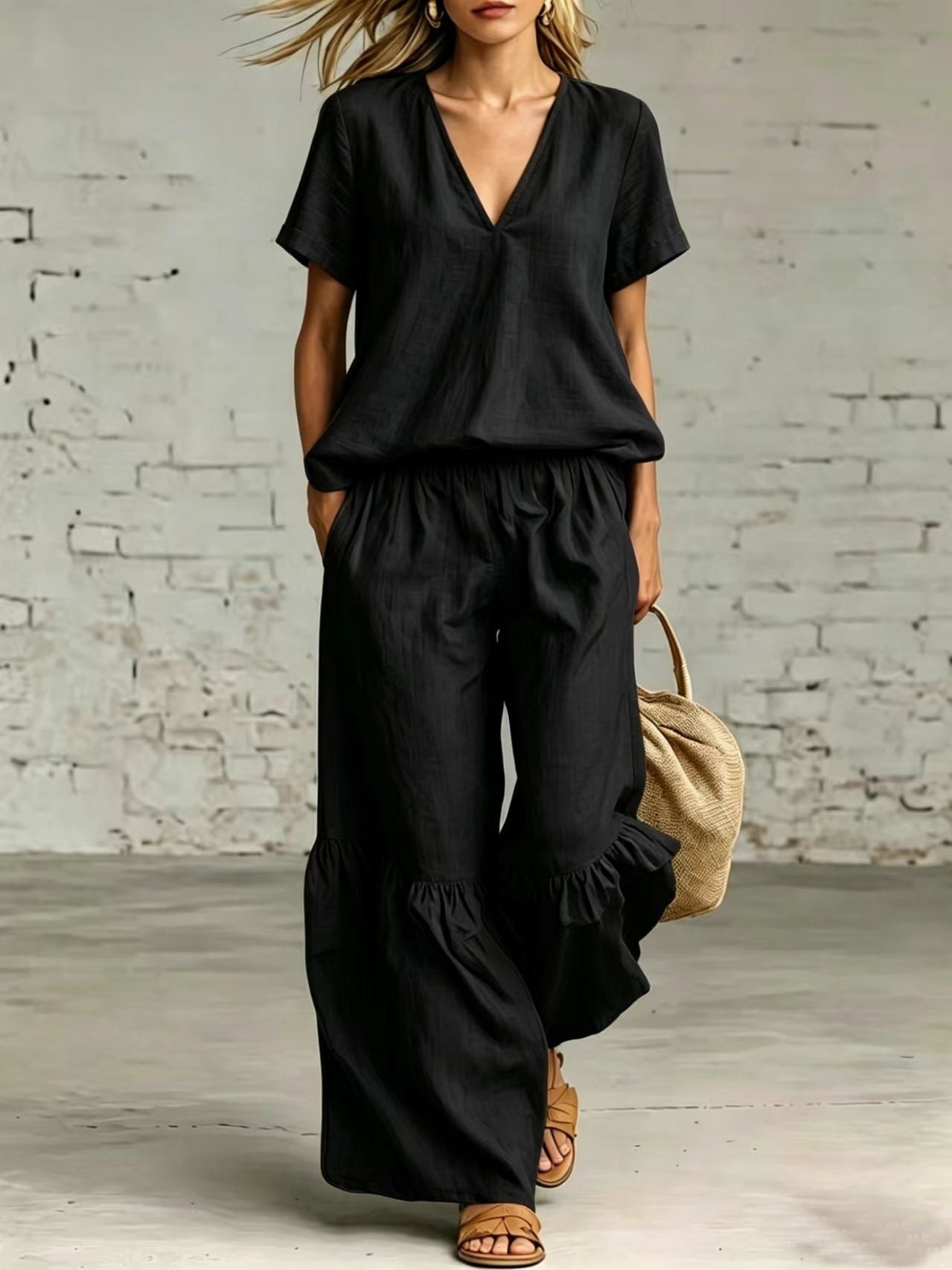 V-Neck Loose Short-Sleeve Top & Pants Set – 7 Colors, S–5XL