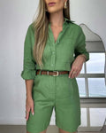 Women's Casual Long-Sleeve Shirt & Shorts Set – Cotton 2-Piece