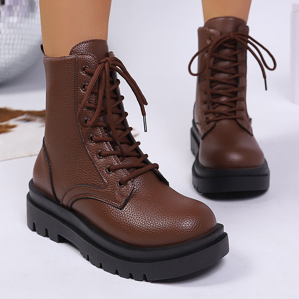 Women’s Round Toe Plus Size Lace-Up Chunky Sole Ankle Boots